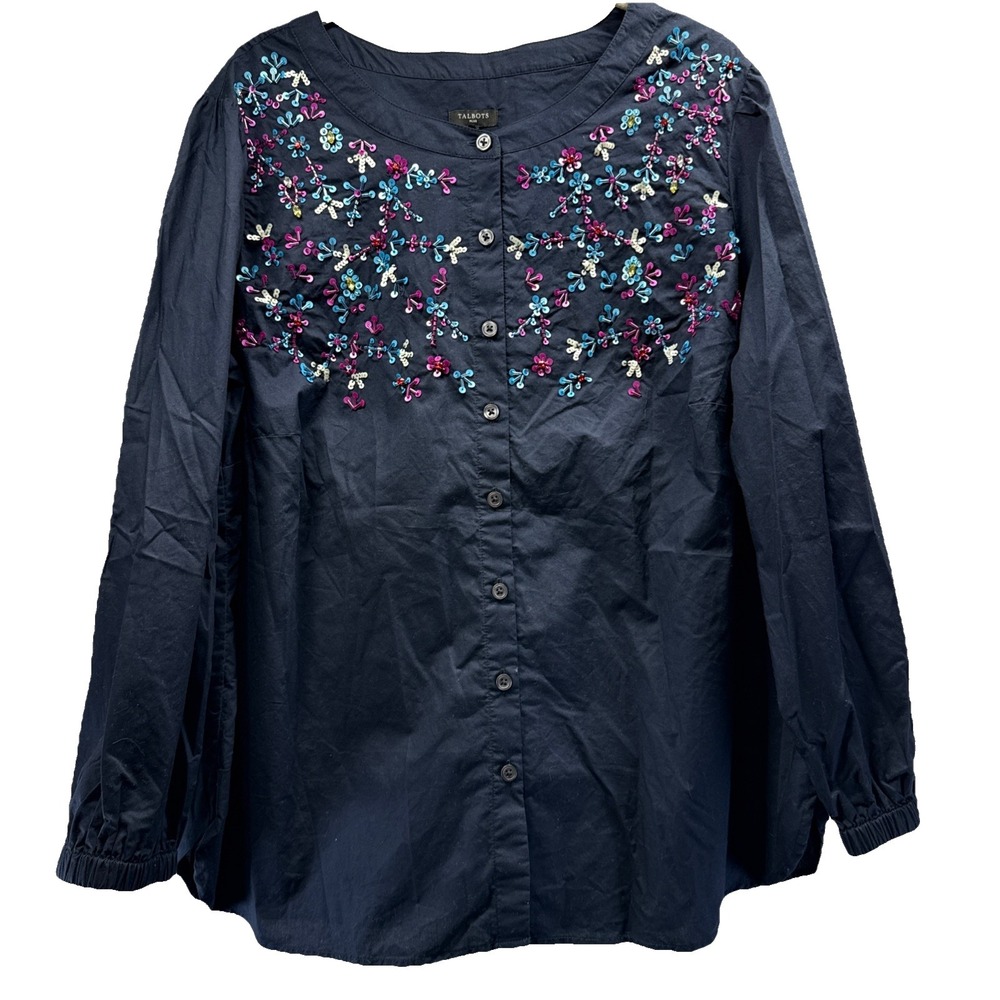 Talbots Plus‎ Women's Top Sz 1X Navy Blue Sequins Jeweled Button Up Puff Sleeves